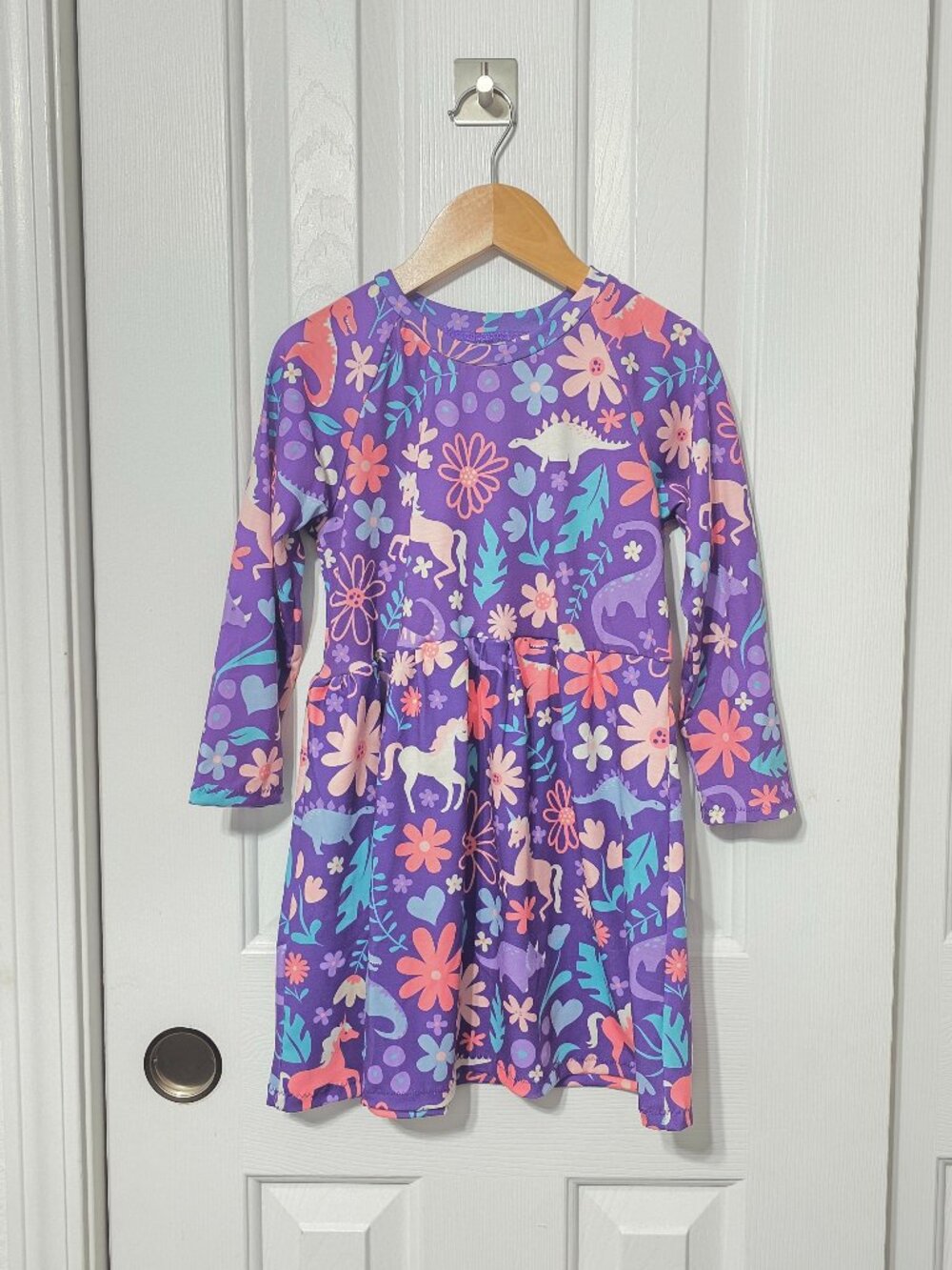 Girls Unicorn Dinosaur Dress, 5, Purple Long Sleeve Floral